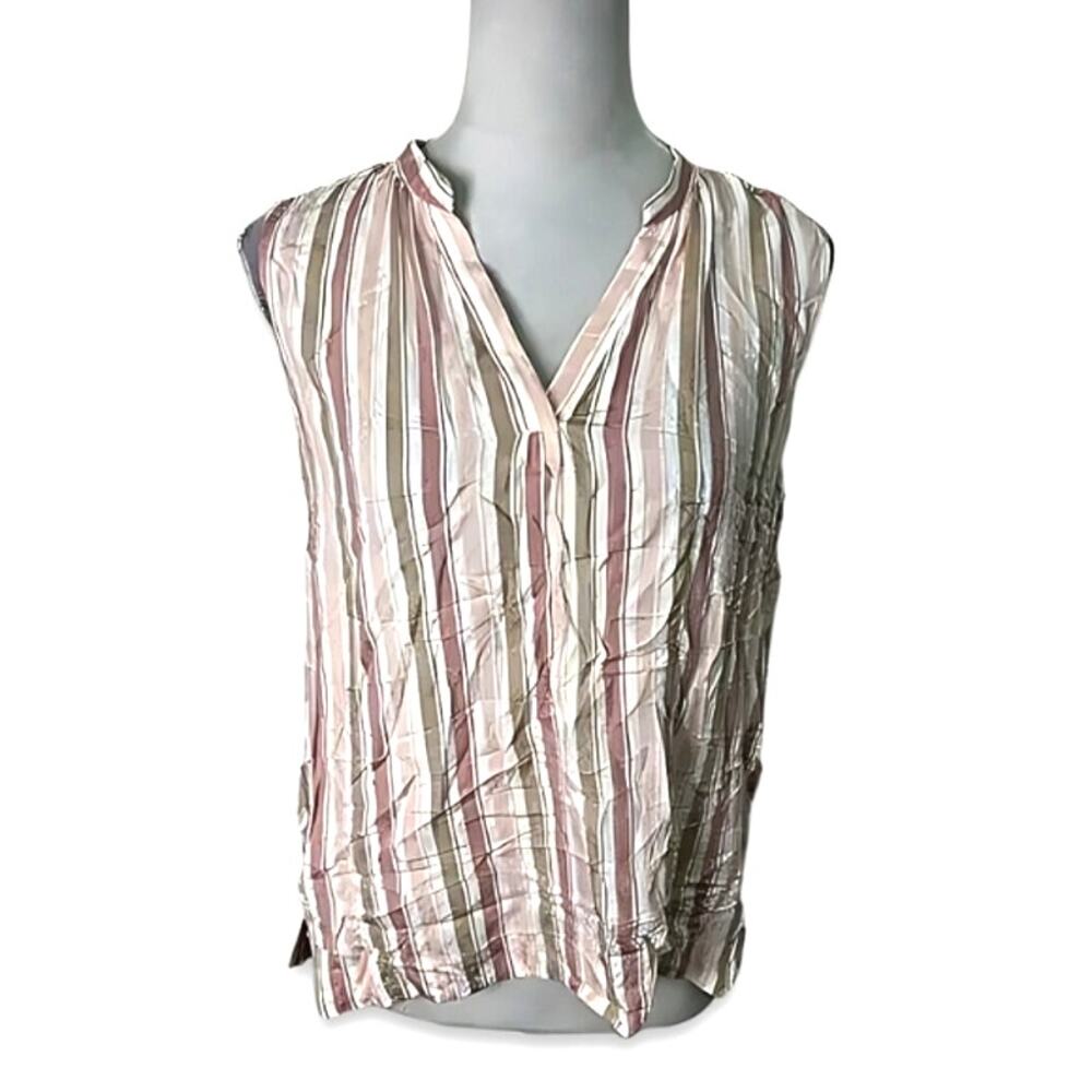 Caslon Tank Blouse Breezy Sleeveless V-Neck Striped Pattern Pink/Brown W S NWT